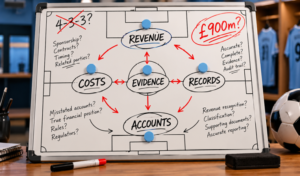 Football manager’s tactics board illustrating accounting lessons from the Manchester City financial case, showing how the numbers relate to revenue, costs, evidence, records and accounts.