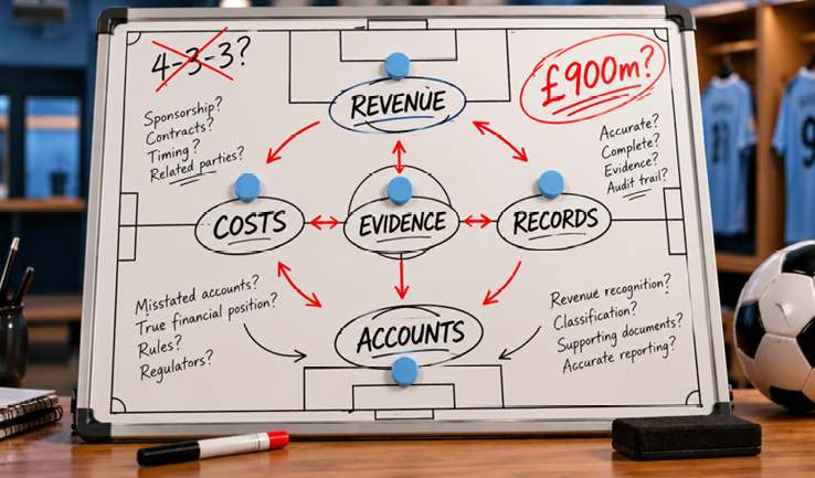 Football manager’s tactics board illustrating accounting lessons from the Manchester City financial case, showing how the numbers relate to revenue, costs, evidence, records and accounts.