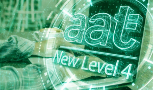 Hands typing on a laptop with a futuristic teal 3D wireframe AAT “New Level 4” logo overlay, surrounded by digital interface rings and binary code, representing technology and accountancy education.