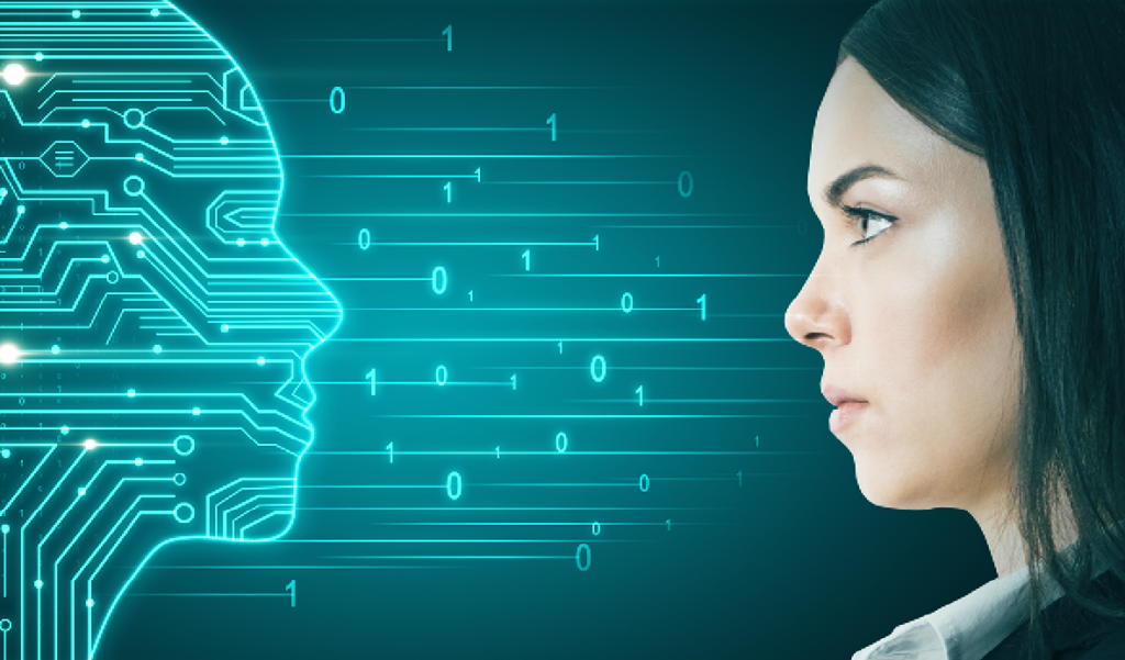 Profile of a woman facing a glowing digital AI head made of circuit lines and binary code on a teal background, symbolising human–artificial intelligence interaction.