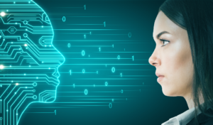 Profile of a woman facing a glowing digital AI head made of circuit lines and binary code on a teal background, symbolising human–artificial intelligence interaction.