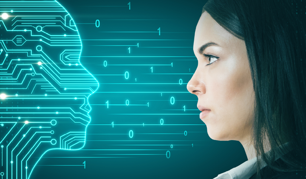 Profile of a woman facing a glowing digital AI head made of circuit lines and binary code on a teal background, symbolising human–artificial intelligence interaction.
