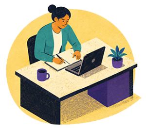 Woman studying accountancy at her desk with a laptop and notebook, developing skills for a career in finance through distance learning.