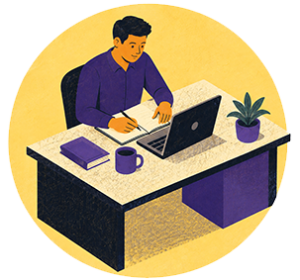 Man studying accountancy at his desk with a laptop and notebook, developing skills for a career in finance through distance learning.