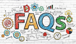 Colourful hand-drawn Distance Learning FAQs wall mural on a white brick background featuring bold sketched letters, charts, gears, formulas, clocks and lightbulb doodles.