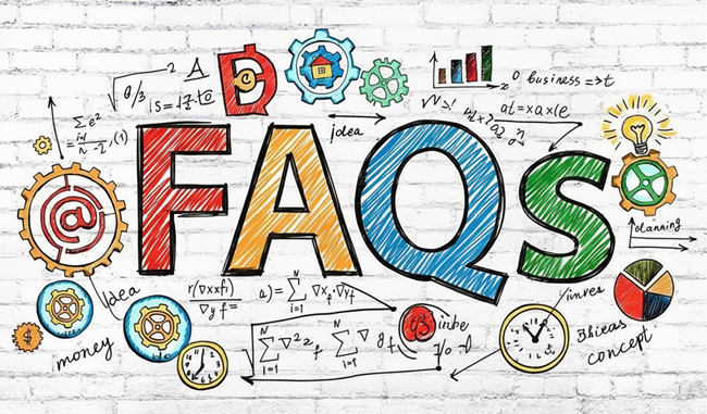 Colourful hand-drawn Distance Learning FAQs wall mural on a white brick background featuring bold sketched letters, charts, gears, formulas, clocks and lightbulb doodles.