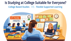 Illustration comparing college-based study with flexible supported accountancy learning, featuring a female learner, classroom teaching and online tutor support.