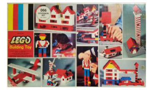 Retro LEGO Building Toy packaging featuring early LEGO models and a child assembling simple brick designs.