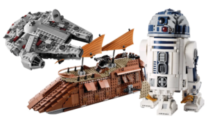 LEGO Star Wars display models including the Millennium Falcon, a detailed sail barge, and an R2-D2 figure, representing licensed LEGO sets designed for adult builders.