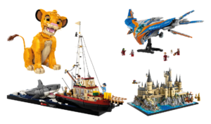 Collection of detailed LEGO display sets including a lion model, fishing boat, fantasy castle, and futuristic spacecraft, highlighting the complexity of modern LEGO builds.