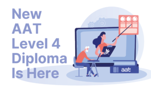 Illustration promoting the new AAT Level 4 Diploma for Professional Accounting Technicians, featuring an online tutor delivering a virtual accounting lesson with the text "New AAT Level 4 Diploma Is Here".
