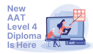 Illustration promoting the new AAT Level 4 Diploma for Professional Accounting Technicians, featuring an online tutor delivering a virtual accounting lesson with the text "New AAT Level 4 Diploma Is Here".