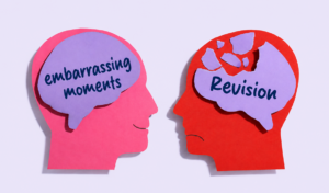 Conceptual illustration showing a happy pink head labelled “embarrassing moments” and a sad red head labelled “Revision” with a broken brain, representing memory and study recall.