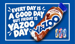 YAZOO Chocolate Milk bottle with the words ‘Every day is a good day but Friday is YAZOO Day’ for National Chocolate Milk Day