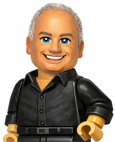 LEGO-style 3D minifigure of a smiling man with short grey hair, blue eyes, and a black shirt on a white background