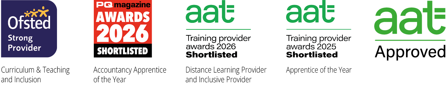 Accountancy Learning awards and accreditations including Ofsted Strong Provider, PQ Magazine Awards 2026 shortlisted, AAT Training Provider Awards 2026 shortlisted, AAT Training Provider Awards 2025 shortlisted, and AAT Approved provider.