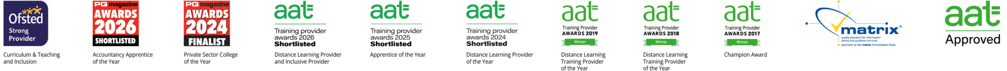 Accountancy Learning accreditations and awards including Ofsted Strong Provider, PQ Magazine Awards 2026 shortlisted, PQ Magazine Awards 2024 finalist, AAT Training Provider Awards shortlisted 2024 to 2026, previous AAT award wins, Matrix accreditation and AAT Approved status.