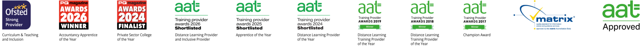 Accountancy Learning accreditations and awards including Ofsted Strong Provider, PQ Magazine Awards 2026 winner, PQ Magazine Awards 2024 finalist, AAT Training Provider Awards shortlisted 2024 to 2026, previous AAT award wins, Matrix accreditation and AAT Approved status.