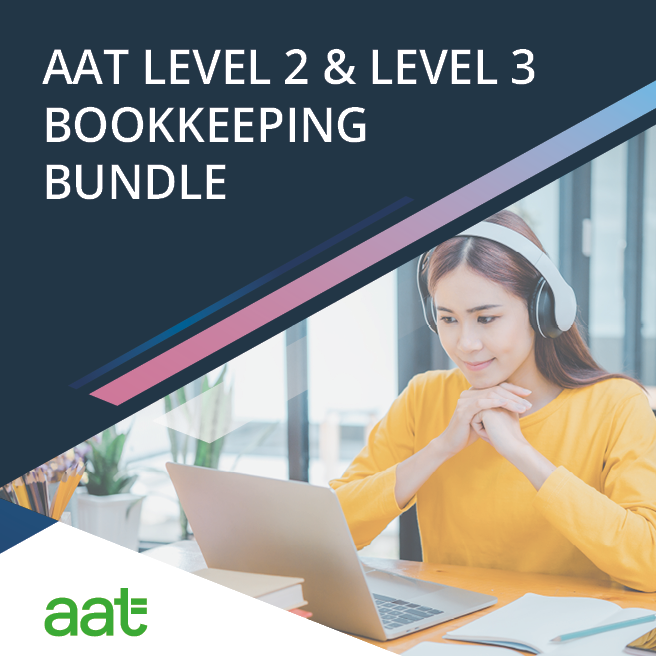 Online student studying AAT Level 2 and Level 3 Bookkeeping Bundle course with laptop and headphones