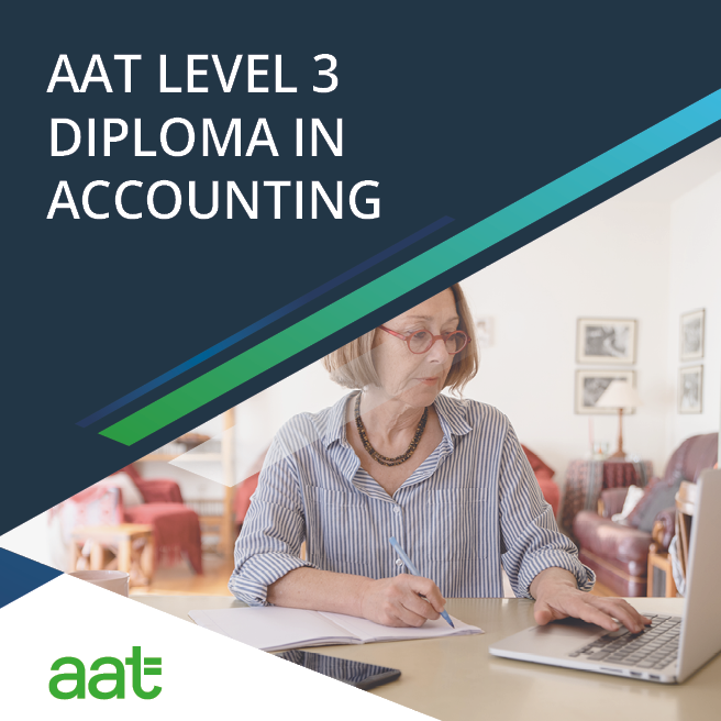 Mature student studying AAT Level 3 Diploma in Accounting online using laptop and notebook at home