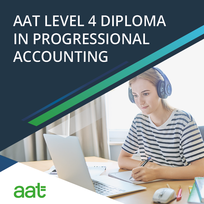 Distance learning student studying AAT Level 4 Professional Accounting online using laptop and headphones from home