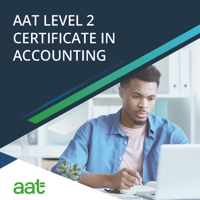 Learner studying for AAT Level 2 Certificate in Accounting online using laptop and notebook