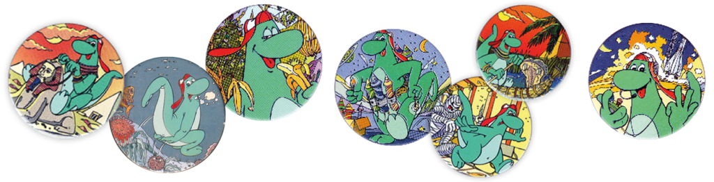YAZOO Dino the Dinosaur mascot featured in colourful vintage YAZOO promotional artwork.