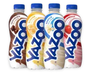 YAZOO flavoured milk range featuring Chocolate, Banana, Vanilla and Strawberry milk drinks.