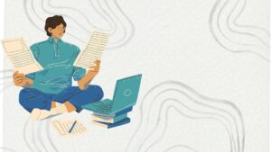 Illustration of a man sitting cross-legged surrounded by study notes, a laptop propped on books, reviewing papers while studying alongside work and family through distance learning.