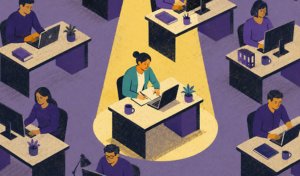 Illustration of employees working at computers in an office, with one team member highlighted while studying finance and accountancy.